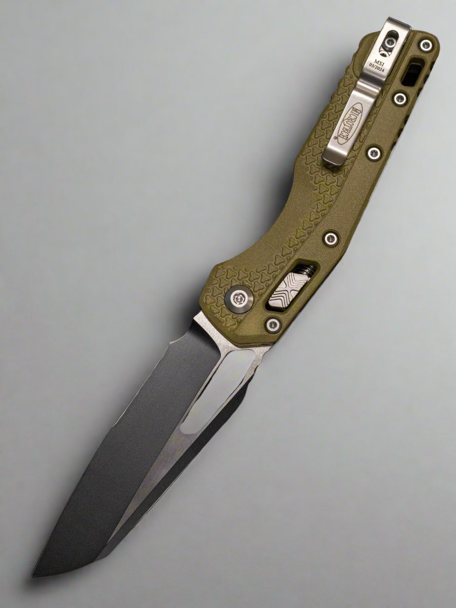 MICROTECH KNIVES- M.S.I. RAM-LOK FOLDER- OD GREEN TRI-GRIP INJECTION MOLDED HANDLE- BLACK PART SERRATED EDGE BLADE- BEAD BLAST HARDWARE 210T-2 PMOD