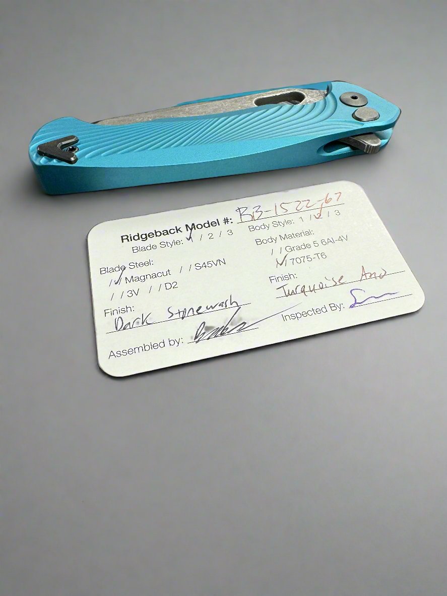 Dead Reckon Knives Ridgeback - Aluminum Turquoise, Modified Blade Shape, Series 1, Magnacut, Button Lock, Dark Stonewash
