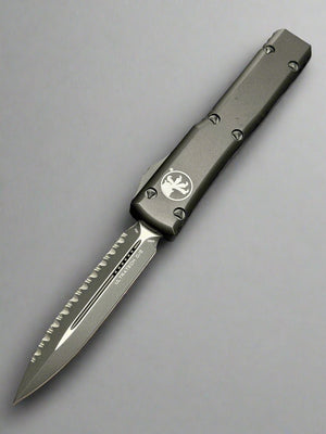 MICROTECH ULTRATECH BLACK DOUBLE EDGE OTF KNIFE BLACK TACTICAL FULL SERRATED BLADE 122-3 T