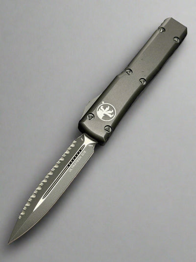 MICROTECH ULTRATECH BLACK DOUBLE EDGE OTF KNIFE BLACK TACTICAL FULL SERRATED BLADE 122-3 T