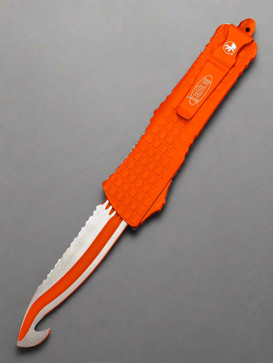 MICROTECH COMBAT TROODON OTF KNIFE- FRAG- HS RESCUE- CERAKOTE ORANGE HANDLE- ORANGE FULL SERRATED BLADE 601-3 CORHS
