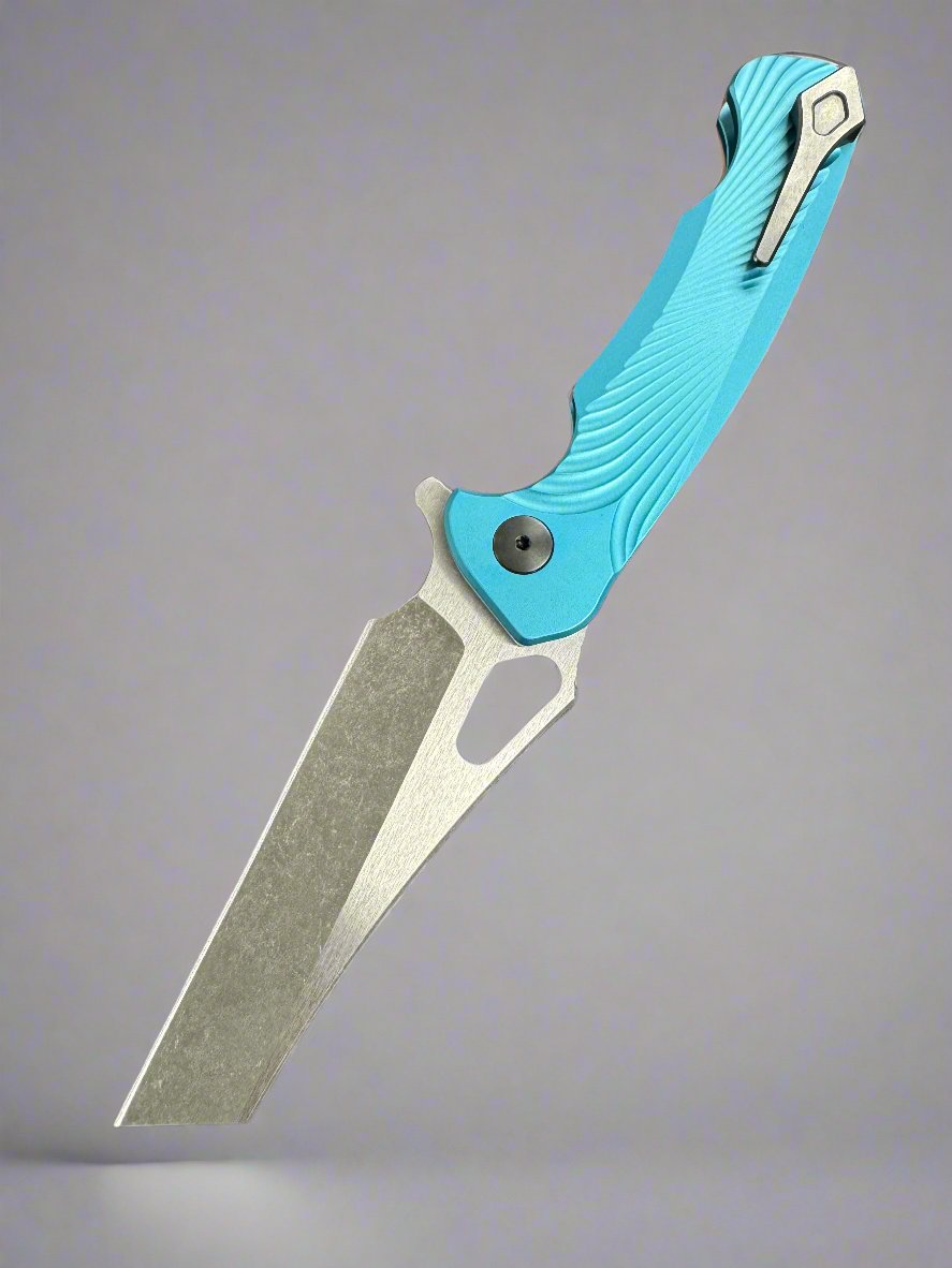 Dead Reckon Knives Ridgeback - Aluminum Turquoise, WharnCleaver, Series 2, TwoTone Magnacut, Button Lock, Dark Stonewash