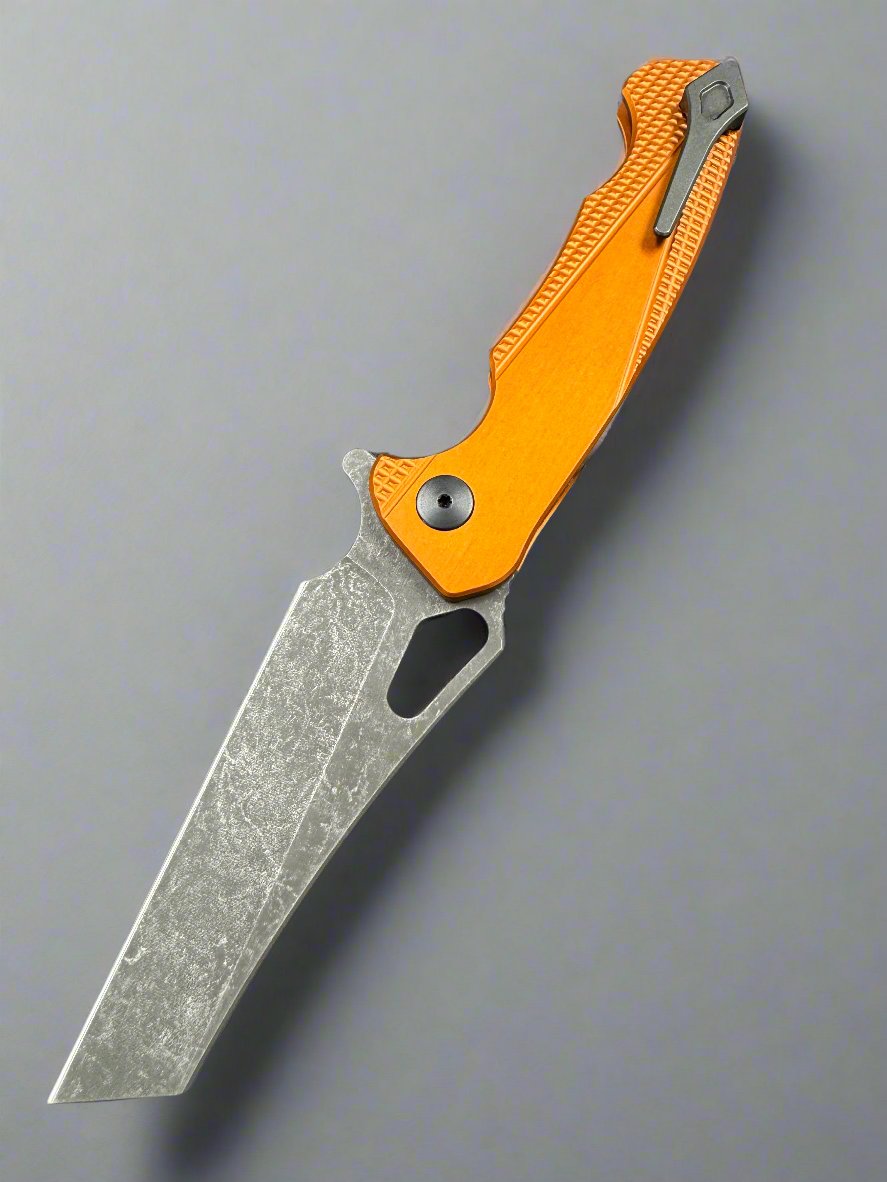 Dead Reckon Knives Ridgeback - Aluminum Burnt Orange, WharnCleaver, Series 2, Magnacut, Button Lock, Dark Stonewash