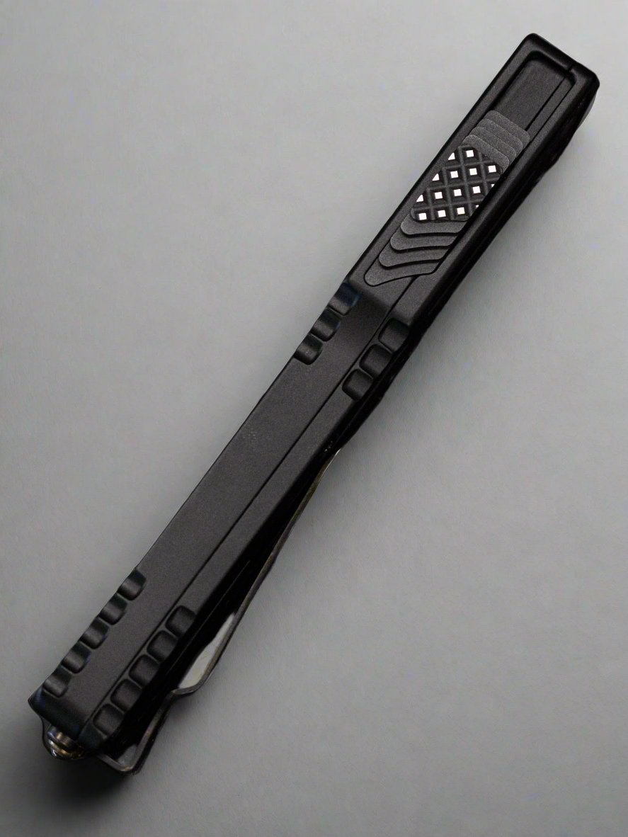 Pre Owned Heretic Knives Custom Colossus Hand Ground Vegas Forge Tanto Blade Black Ano Handle Brown Monitor Inlay DLC HW