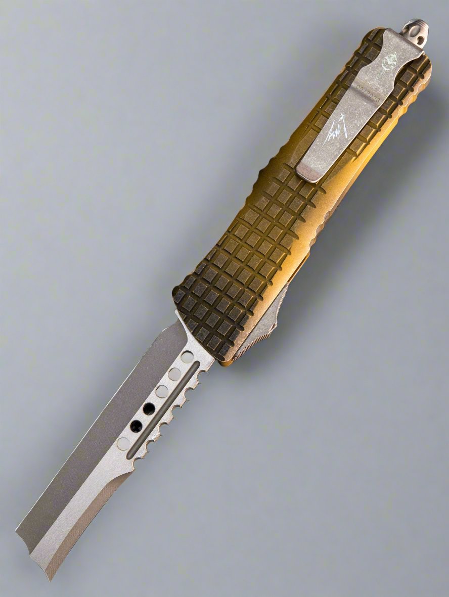 MICROTECH COMBAT HELLHOUND RAZOR OTF KNIFE- APOCALYTPTIC EARTH FRAG HANDLE- APOCALYPTIC PLAIN EDGE BLADE 219R-10 APFRAES