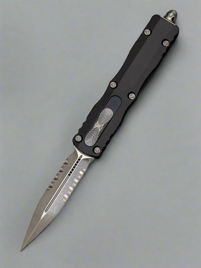 Microtech 227-11AP Dirac Delta D/E - Black Handle Partial Serrations - Apocalyptic Blade