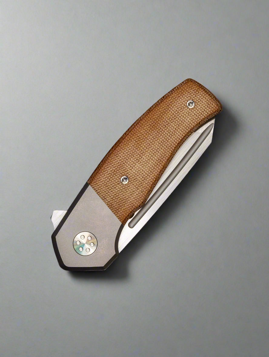 Beans Blades Mini Warrior Folder -Brown Micarta, Titanium Handle, M390 Satin