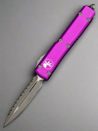MICROTECH ULTRATECH OTF KNIFE- DOUBLE EDGE- VIOLET HANDLE- APOCALYPTIC FULL SERRATED BLADE 122-12 APVI