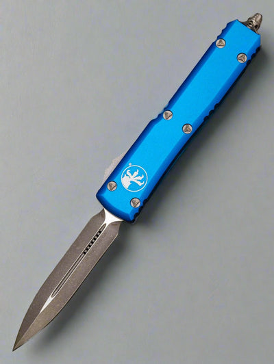 MICROTECH ULTRATECH OTF KNIFE- DOUBLE EDGE- BLUE HANDLE- APOCALYPTIC FINISHED BLADE 122-10 APBL