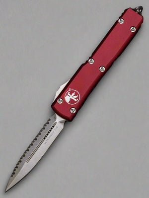 MICROTECH ULTRATECH OTF KNIFE- DOUBLE EDGE- MERLOT RED HANDLE WITH FULL SERRATED STONEWASH BLADE 122-12 MR
