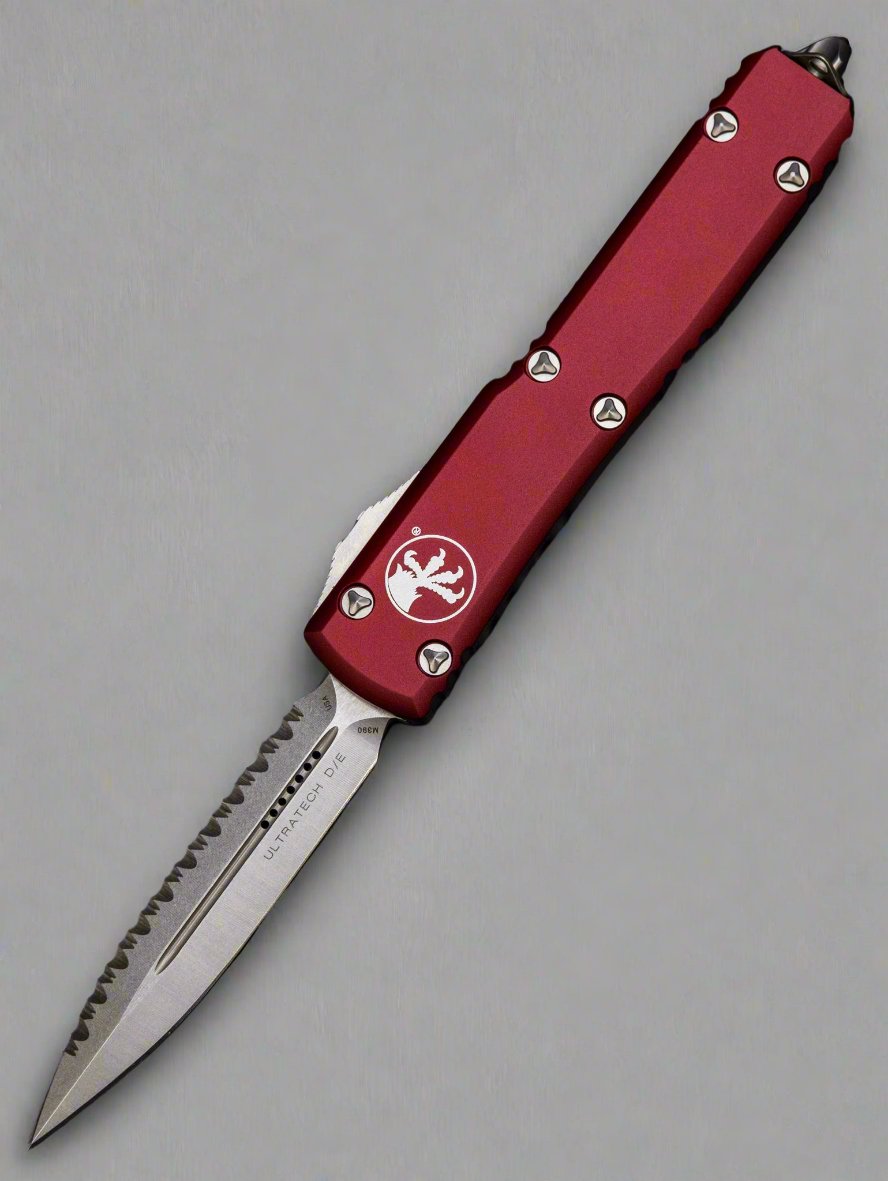 MICROTECH ULTRATECH OTF KNIFE- DOUBLE EDGE- MERLOT RED HANDLE WITH FULL SERRATED STONEWASH BLADE 122-12 MR