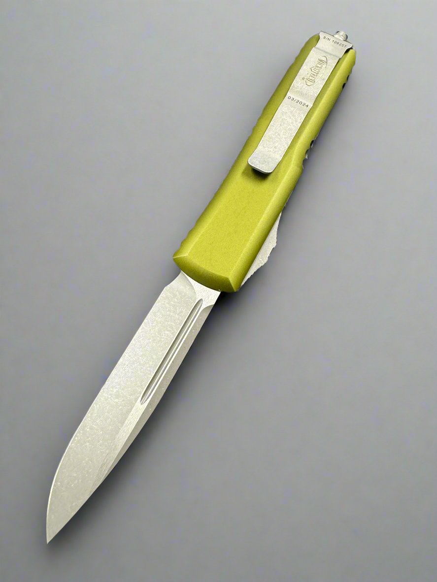 MICROTECH UTX-85 OTF AUTO KNIFE- SINGLE EDGE- OD GREEN HANDLE- APOCALYPTIC BLADE 231-10 APOD
