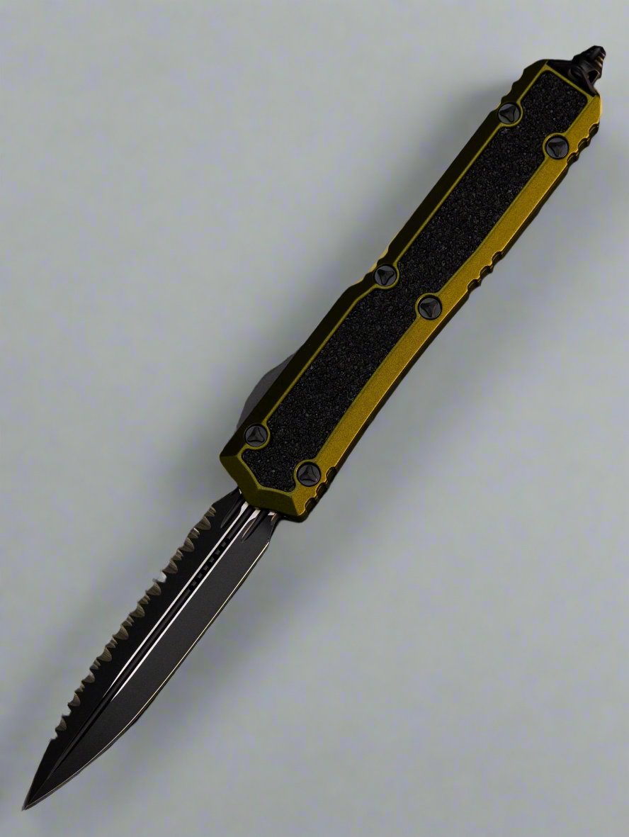 Microtech 206-3 ODS Signature Series Makora OTF AUTO 3.3" Black Double Edge Dagger Blade, Full Serrated OD Green Aluminum Handles with Black Traction Inlays