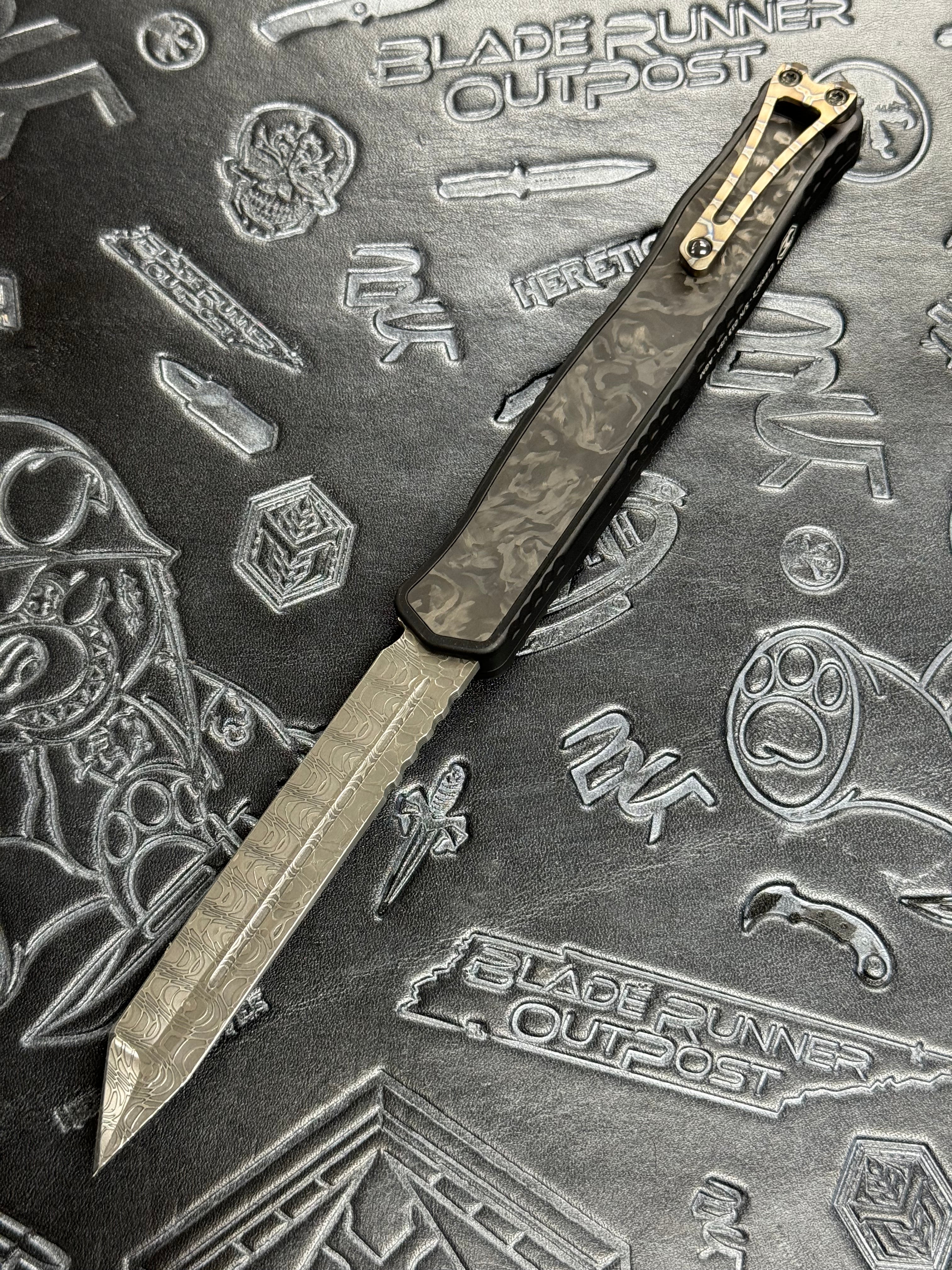 Pre Owned Heretic Knives Custom Cleric II - Tanto - Hand Ground Vegas Forge Polished Damascus, Black Ano handle w/ Marbled CF Inlay, Flamed Ti Button & Clip