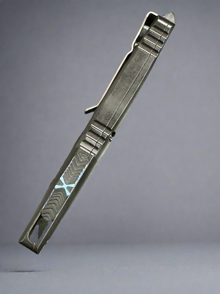 Pre Owned Marfione Custom Knives Combat Troodon Interceptor Mirror Polish w/ Hefted Black Handle & Blue Ringed Hardware