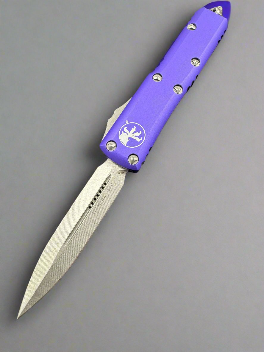 MICROTECH UTX-85 OTF KNIFE- DOUBLE EDGE- PURPLE HANDLE- STONEWASH BLADE 232-10 PU
