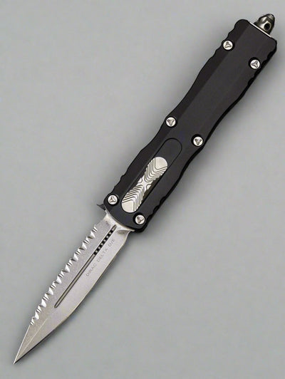Microtech 227-12 Dirac Delta D/E - Black Handle - Stonewashed Full Serrated Blade
