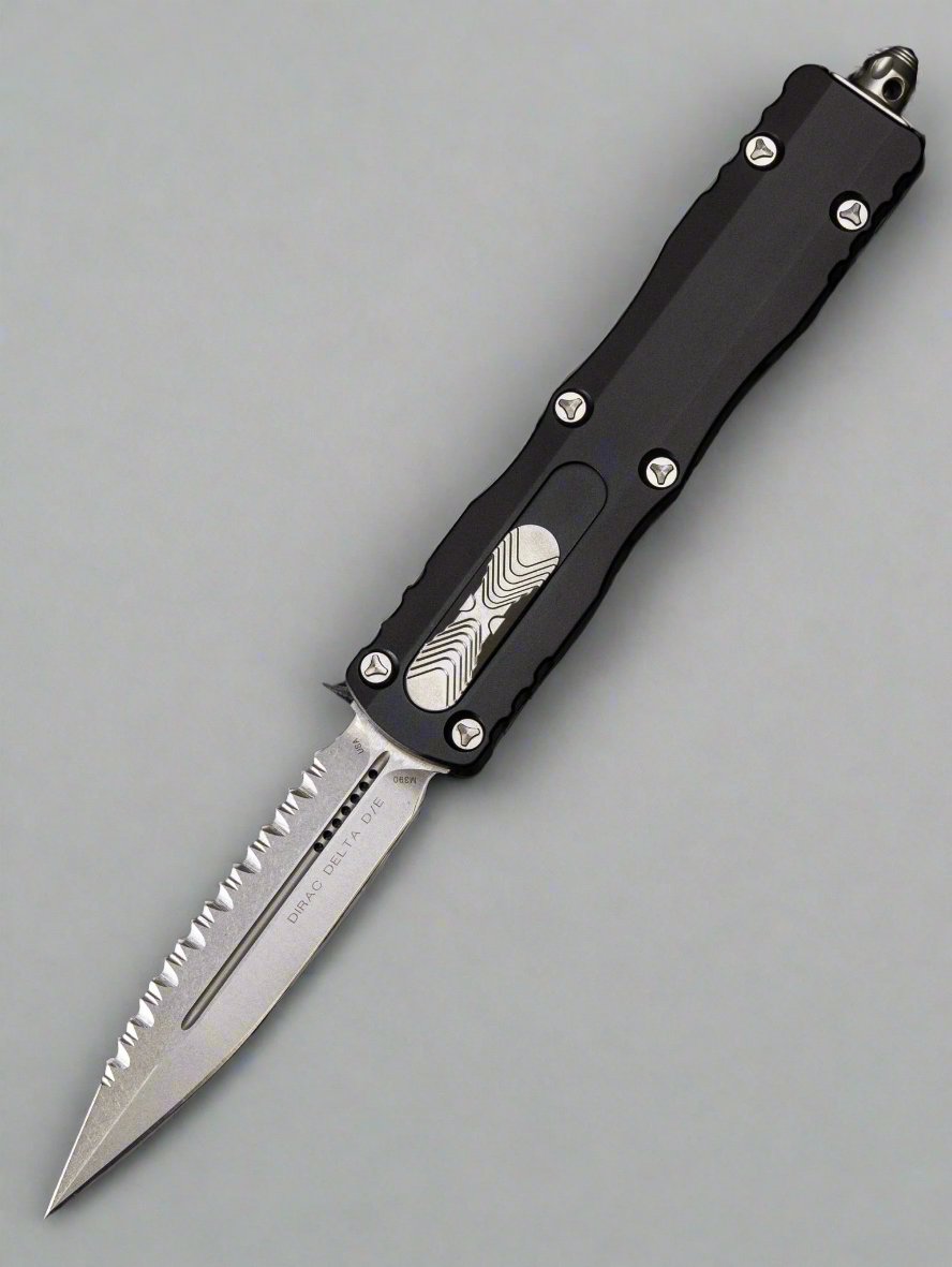 Microtech 227-12 Dirac Delta D/E - Black Handle - Stonewashed Full Serrated Blade