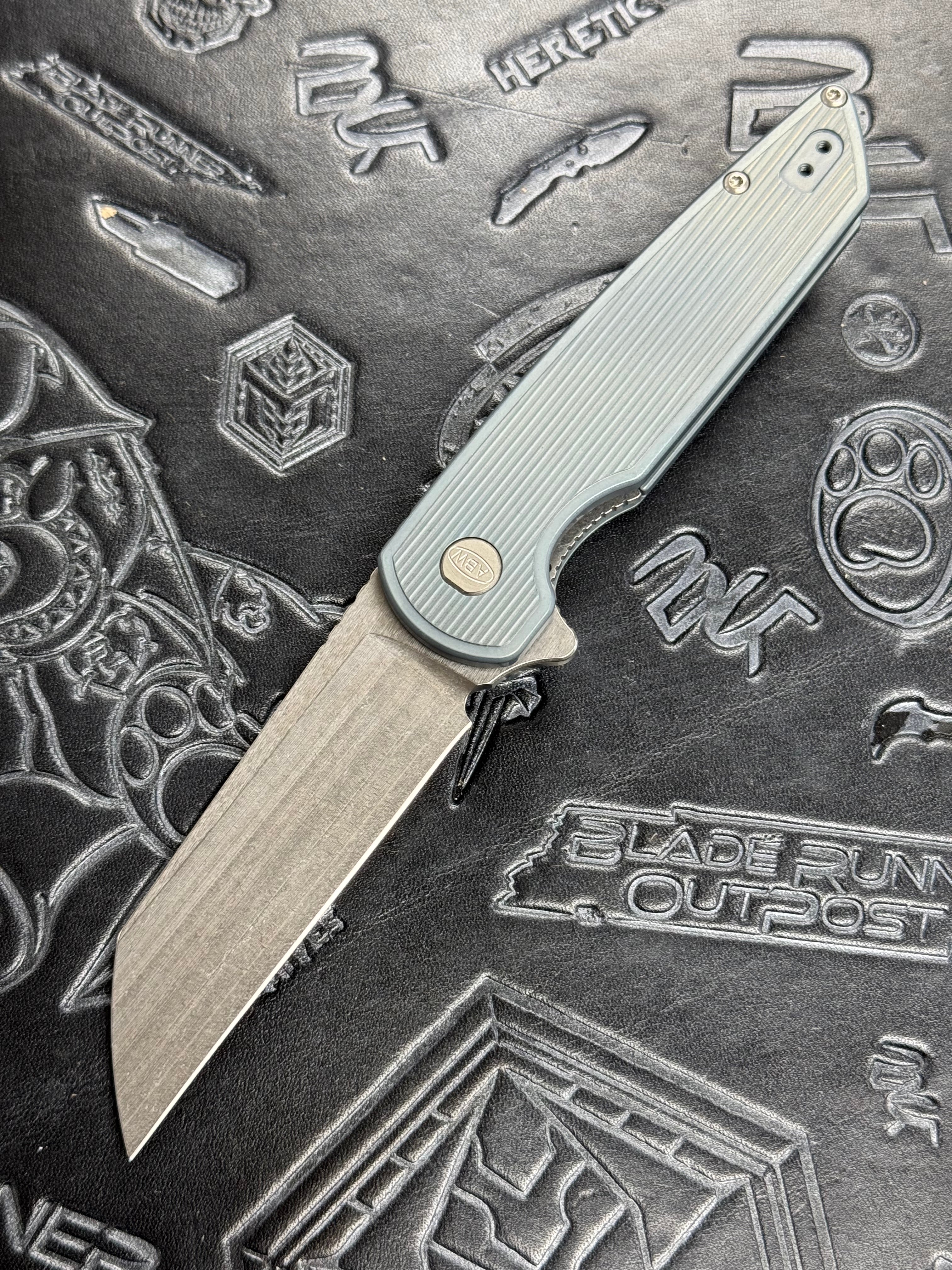 American Blade Works MODEL 2 TITANIUM Factory Light Blue Ano Wharncliffe Magnacut