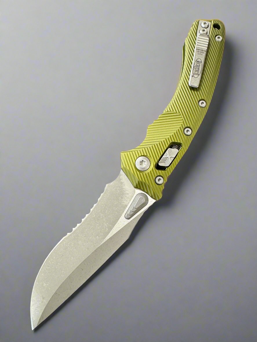 Microtech Amphibian RAM LOK OD Green Fluted Aluminum & Partial Serrated Apocalyptic M390MK 137RL-11 APFLOD