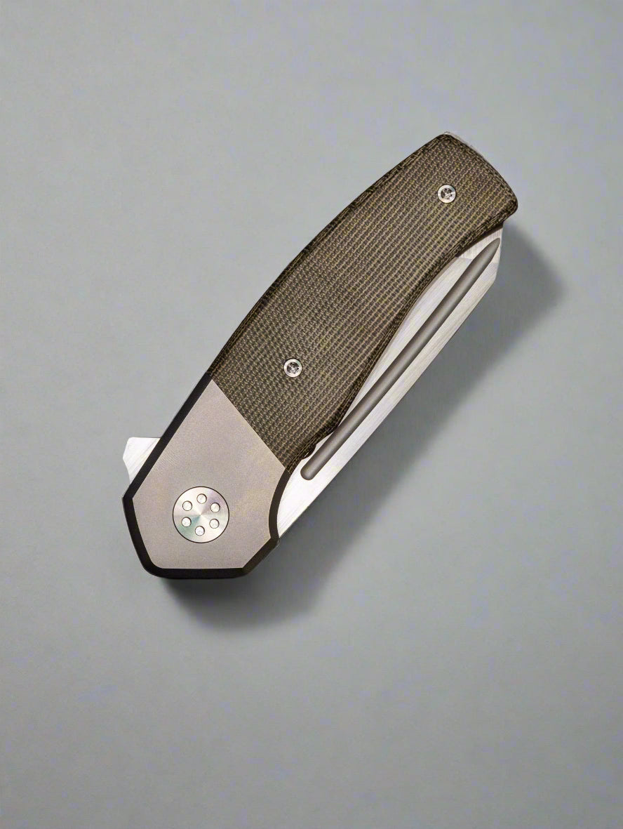 Beans Blades Mini Warrior Folder - Green Micarta, Titanium Handle, M390 Satin