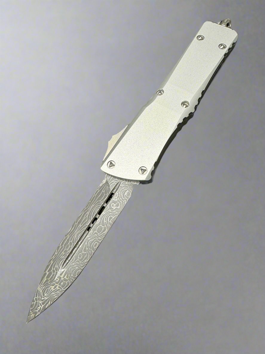 MICROTECH COMBAT TROODON OTF KNIFE- SIGNATURE SERIES- DOUBLE EDGE- CLEAR ANODIZED SMOOTH BODY HANDLE- DAMASCUS BLADE 142S-16 LPCRS