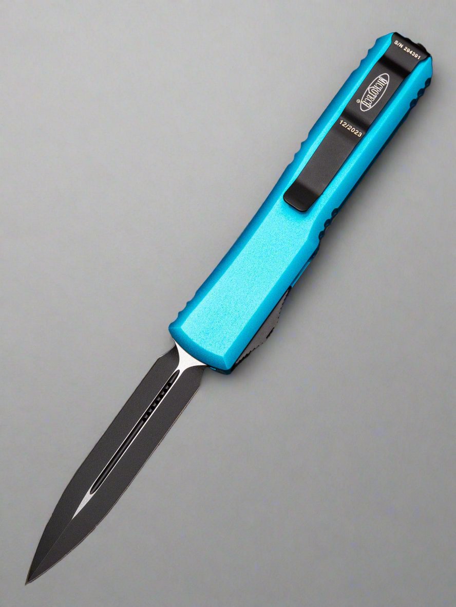 MICROTECH ULTRATECH OTF KNIFE- DOUBLE EDGE- TURQUOISE HANDLE- BLACK BLADE 122-1 TQ