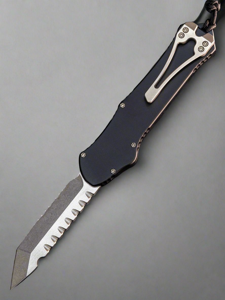 HERETIC KNIVES HYDRA OTF AUTOMATIC KNIFE 3.6" TANTO Partial Serrated STONEWASH H006-2B