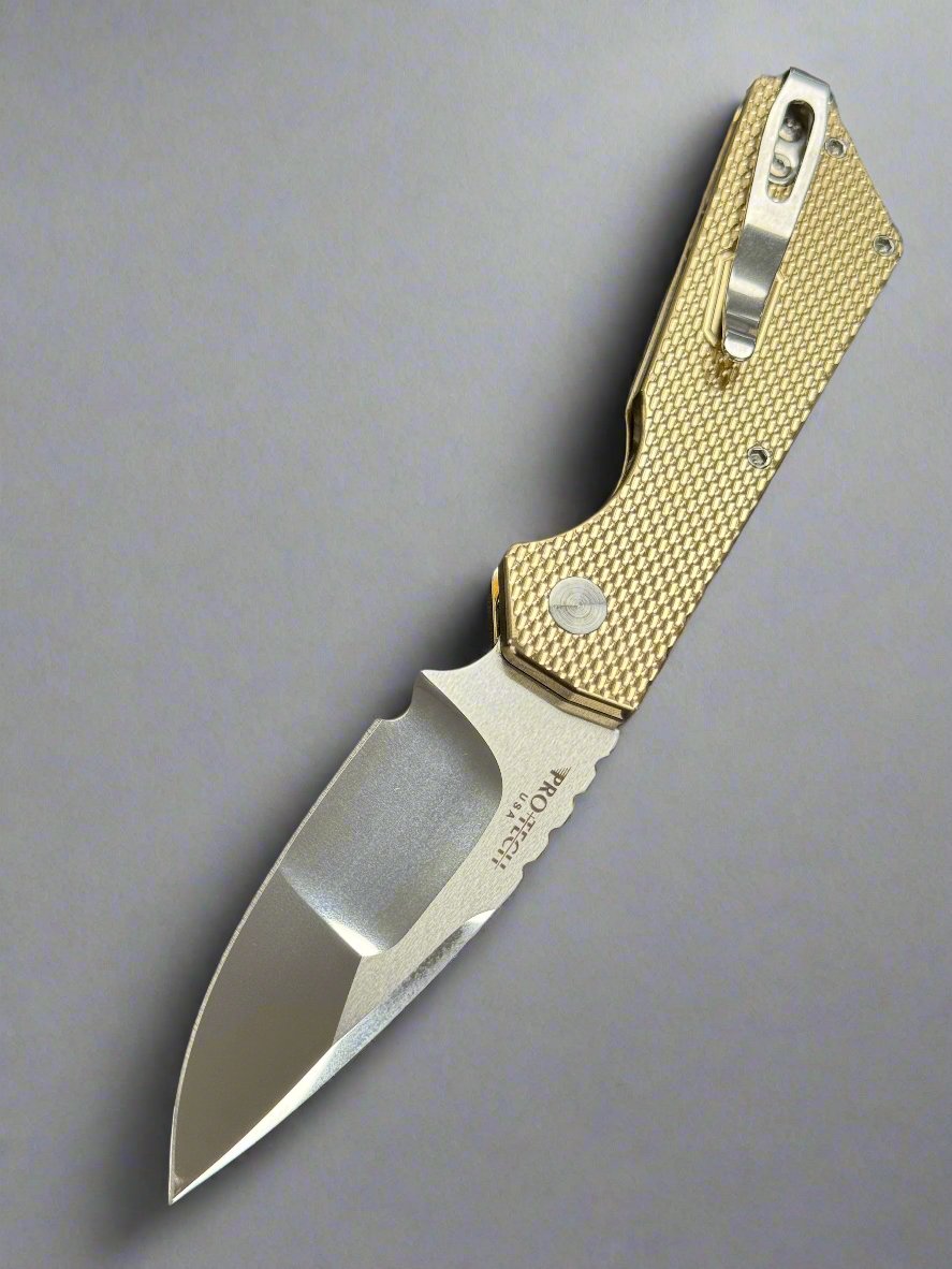 Pro-Tech Strider Custom PT+ AUTO Folding Knife 3.05" CPM-MagnaCut Mike Irie Mirror Compound Blade, Textured AlBronze Aluminum Handles, Mother of Pearl Button - 2024 PT+ Custom 005
