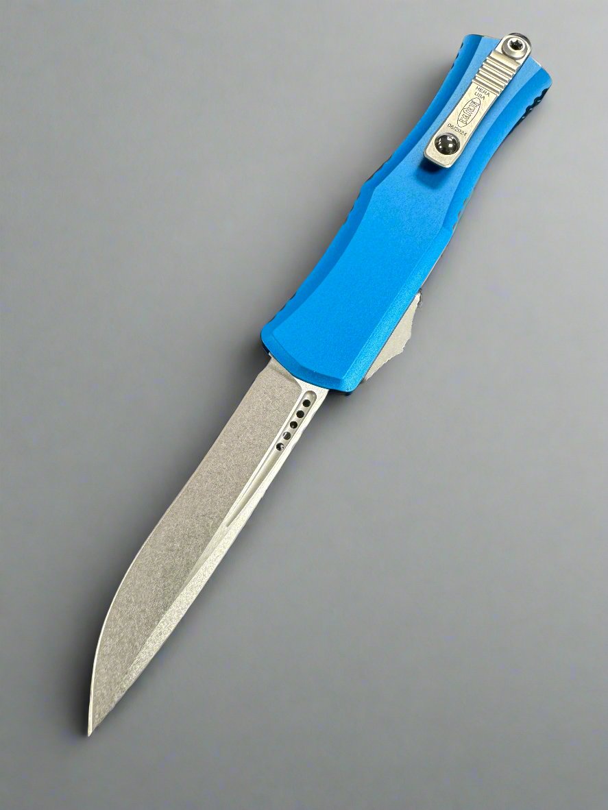 Microtech Knives Mini Hera Stonewash Recurve M390MK w/ Blue Handle 1705M-10 BL