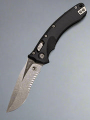 MICROTECH KNIVES- AMPHIBIAN RAM-LOK FOLDER- FLUTED BLACK ALUMINUM HANDLE- STONEWASH PART SERRATED EDGE BLADE 137RL-11 FL