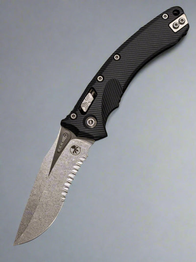 MICROTECH KNIVES- AMPHIBIAN RAM-LOK FOLDER- FLUTED BLACK ALUMINUM HANDLE- STONEWASH PART SERRATED EDGE BLADE 137RL-11 FL