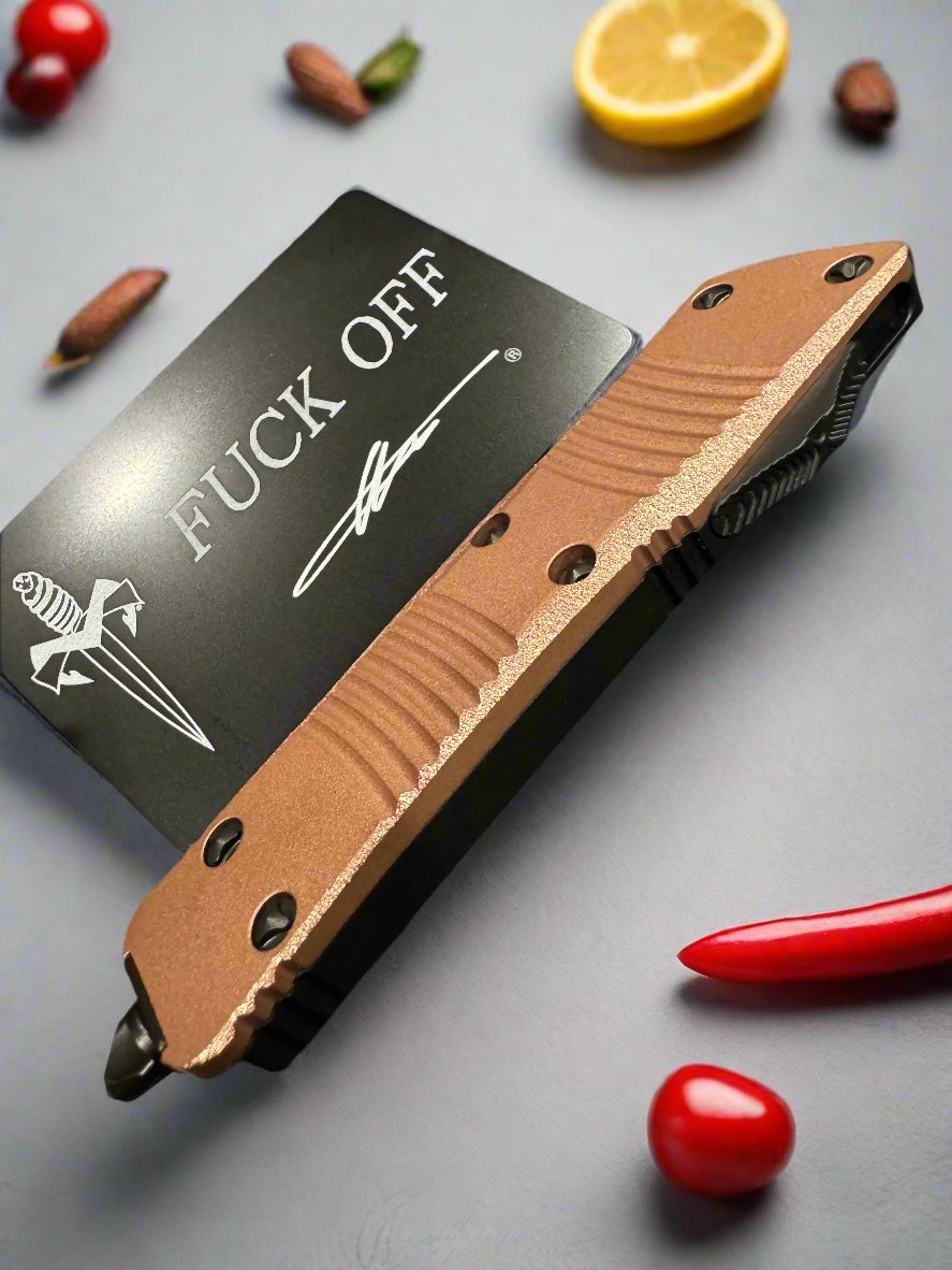 Microtech Troodon Stippled Copper Top DLC Full Serrate “F Off” Marfione Personal Collection