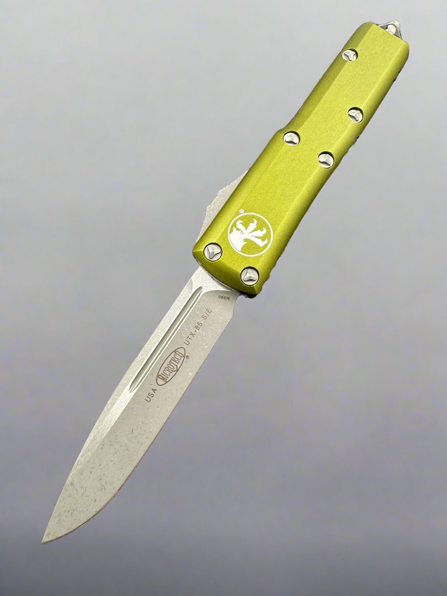 MICROTECH UTX-85 OTF AUTO KNIFE- SINGLE EDGE- OD GREEN HANDLE- APOCALYPTIC BLADE 231-10 APOD