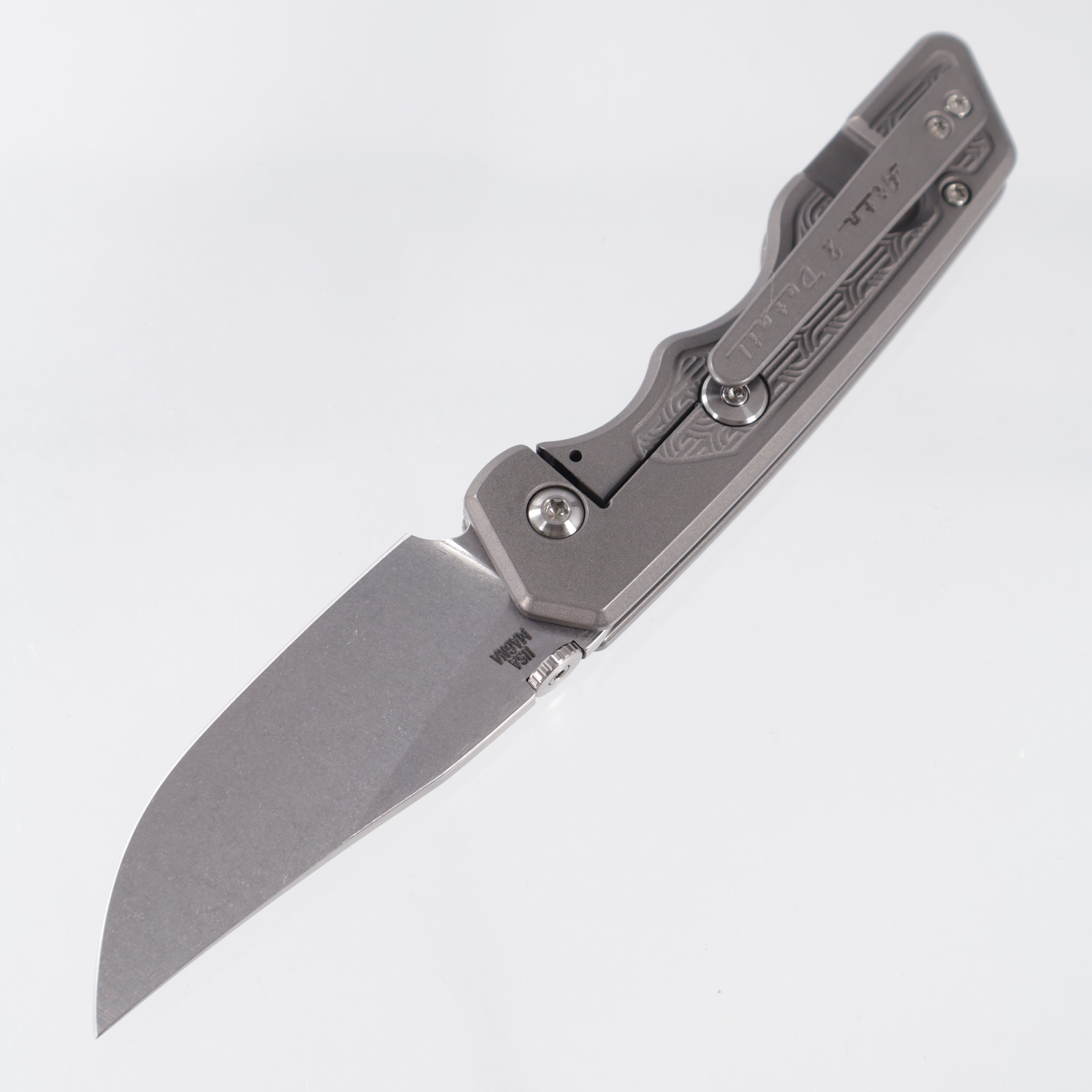 Attn2Detail Mercantile Mk.3 Medium Gen4 Clip Point Rising Grind - Grey Stonewash Titanium w/ Art Deco Arches Faux Inlay Milling - Stonewash Satin Magnacut
