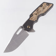 Attn2Detail Mercantile Mk.1 Medium Gen4 Drop Point Rising Grind - Blackened Titanium w/ Spalted Elm Inlays & Gold Ano Hardware - Stonewash Satin Magnacut