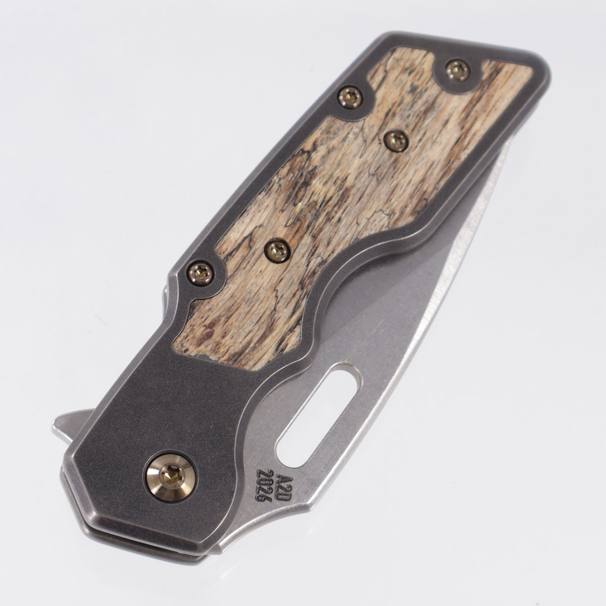Attn2Detail Mercantile Mk.1 Medium Gen4 Drop Point Rising Grind - Blackened Titanium w/ Spalted Elm Inlays & Gold Ano Hardware - Stonewash Satin Magnacut
