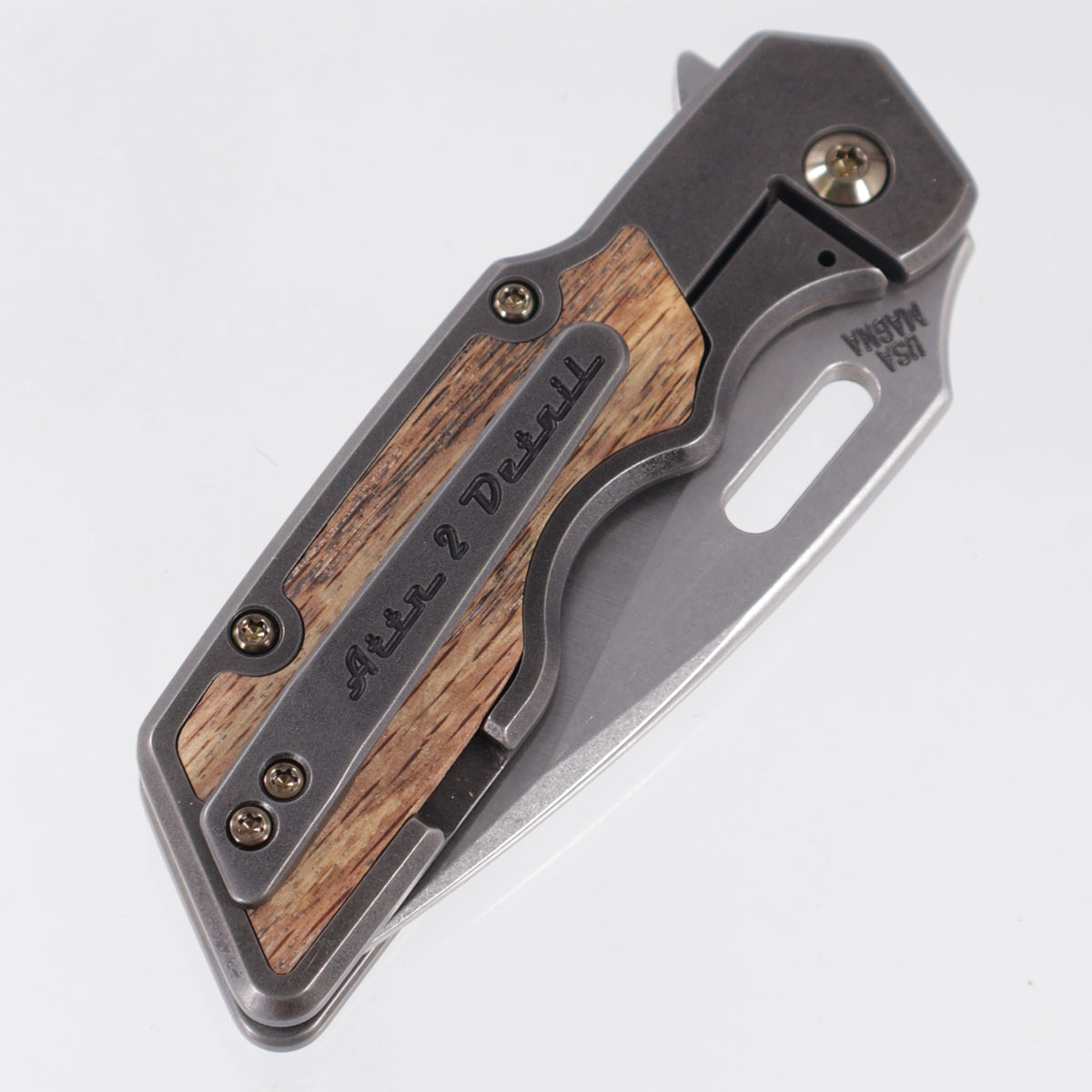 Attn2Detail Mercantile Mk.1 Medium Gen4 Drop Point Rising Grind - Blackened Titanium w/ Spalted Elm Inlays & Gold Ano Hardware - Stonewash Satin Magnacut