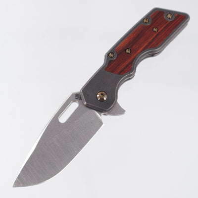 Attn2Detail Mercantile Mk.1 Medium Gen4 Drop Point Rising Grind - Blackened Titanium w/ Cocobolo Inlays & Gold Ano Hardware - Stonewash Satin Magnacut