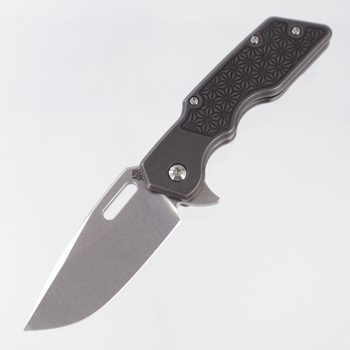 Attn2Detail Mercantile Mk.1 Medium Gen4 Drop Point Rising Grind - Blackwash Titanium w/ Asanoha Faux Inlays - Stonewash Satin Magnacut - A2D