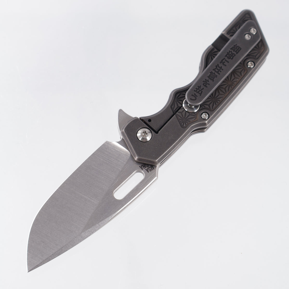 Attn2Detail Mercantile Mk.1 Medium Gen4 Drop Point Rising Grind - Blackwash Titanium w/ Asanoha Faux Inlays - Stonewash Satin Magnacut - A2D