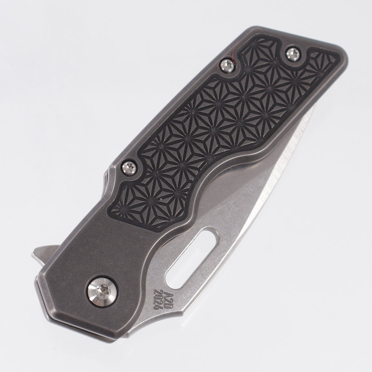 Attn2Detail Mercantile Mk.1 Medium Gen4 Drop Point Rising Grind - Blackwash Titanium w/ Asanoha Faux Inlays - Stonewash Satin Magnacut - A2D