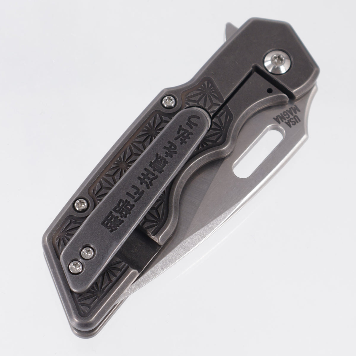 Attn2Detail Mercantile Mk.1 Medium Gen4 Drop Point Rising Grind - Blackwash Titanium w/ Asanoha Faux Inlays - Stonewash Satin Magnacut - A2D