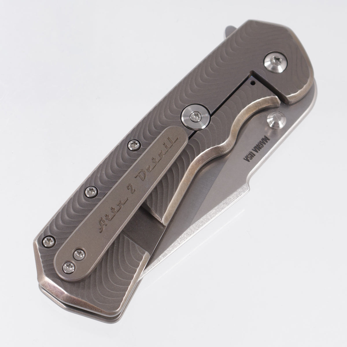 Attn2Detail Mercantile Delta Gen4 Harpoon Drop Point Rising Grind - Antique Bronze Ano Flow Milled Titanium - Stonewash Satin Magnacut - A2D