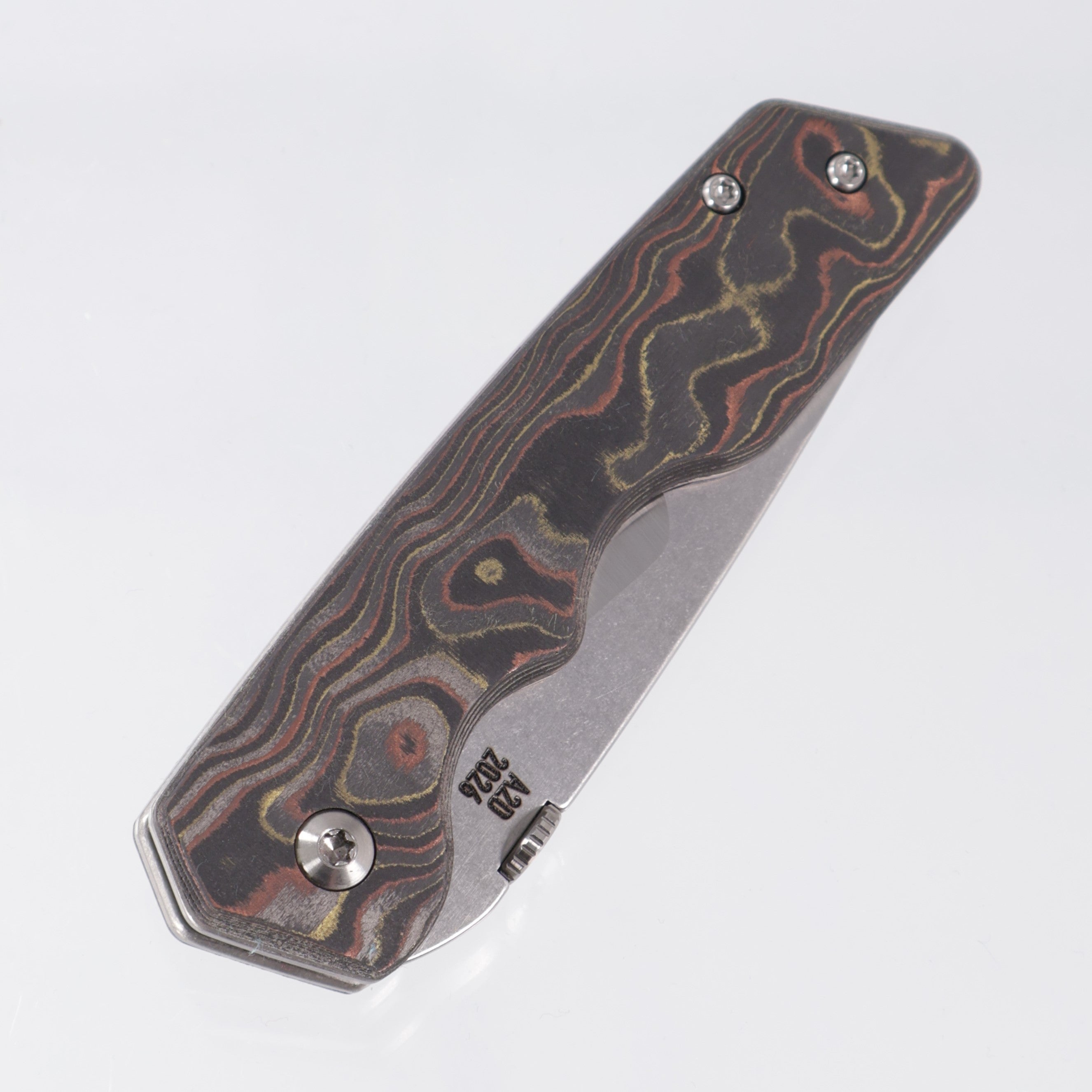 Attn2Detail Mercantile Mk.3 Medium Linerlock - Mokume Camo Carbon Scales w/ Brightwash Ti Liners - Hissatsu Compound Grind Magnacut