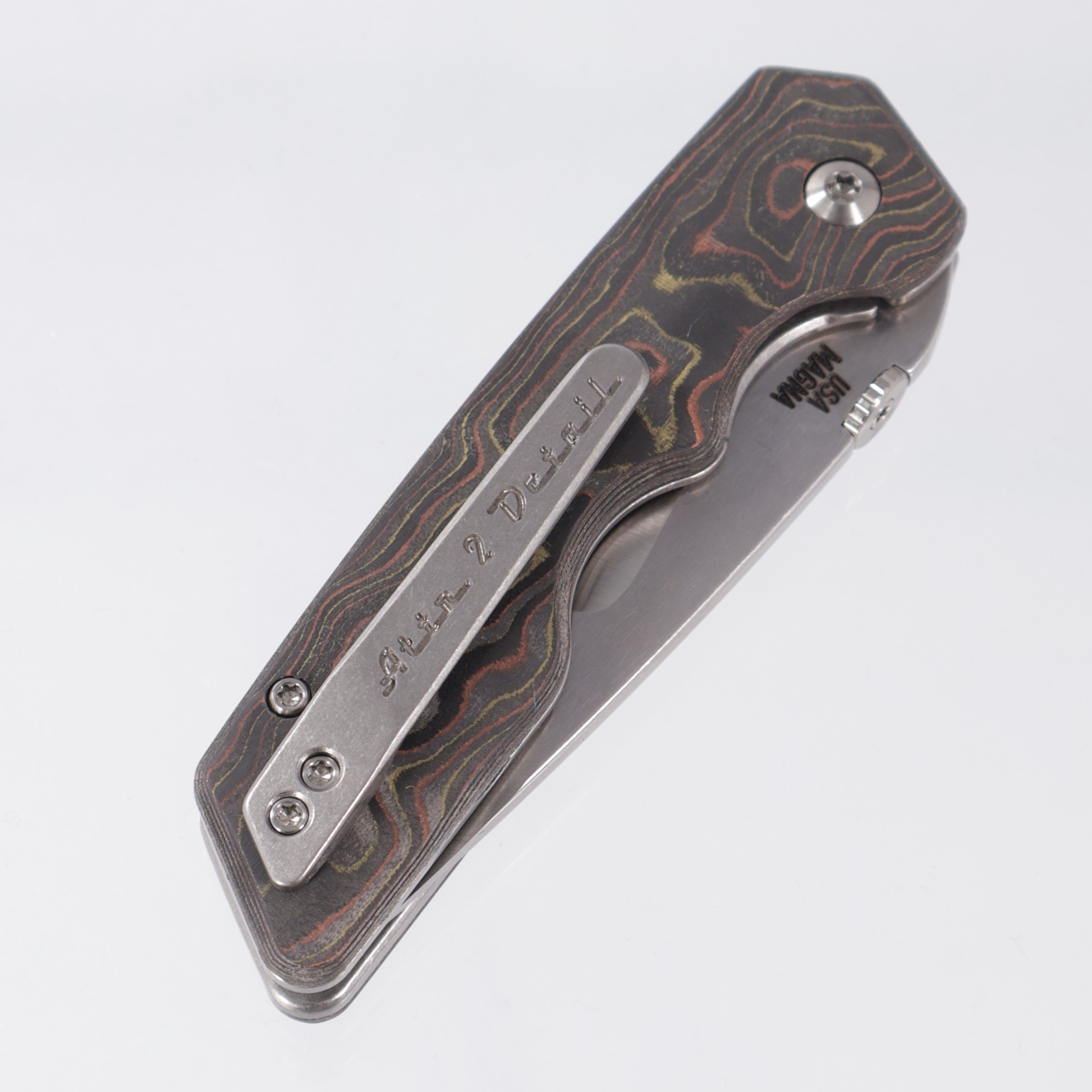 Attn2Detail Mercantile Mk.3 Medium Linerlock - Mokume Camo Carbon Scales w/ Brightwash Ti Liners - Hissatsu Compound Grind Magnacut
