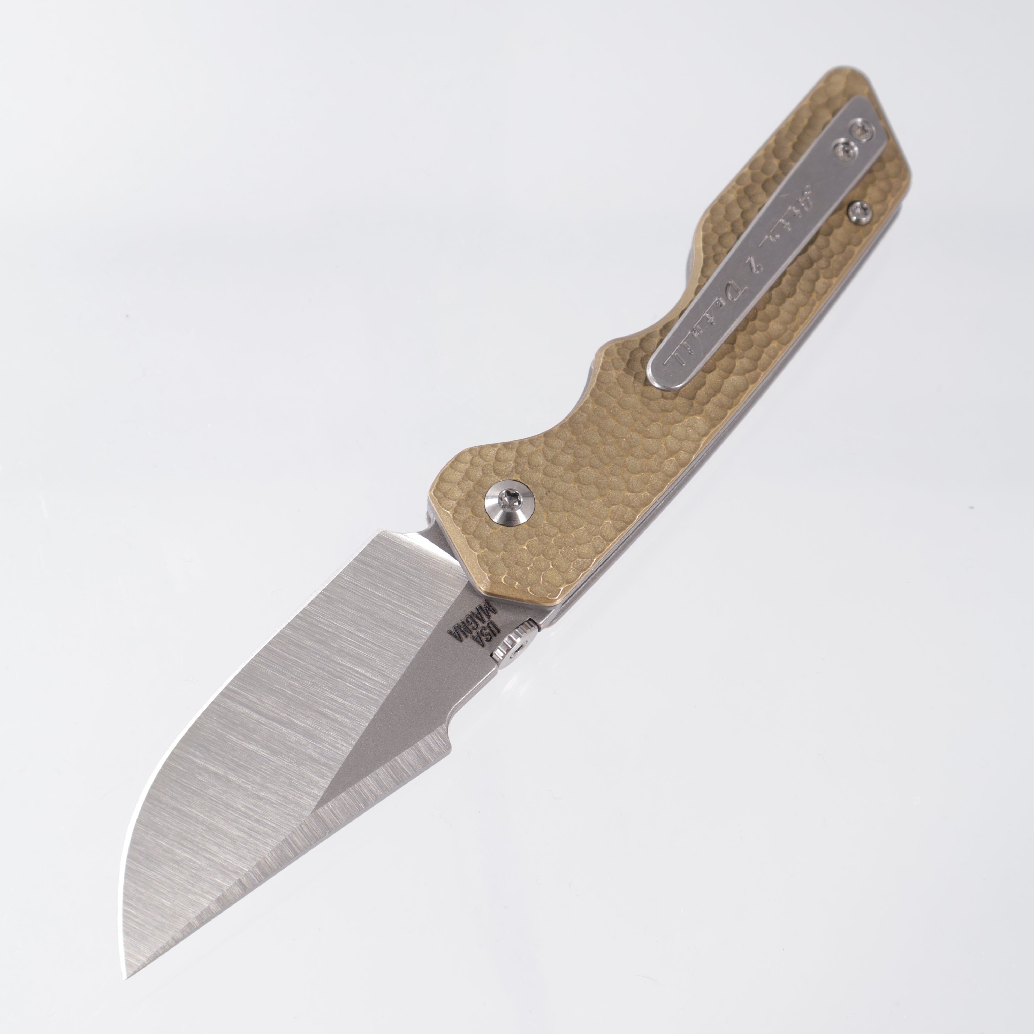 Attn2Detail Mercantile Mk.3 Medium Linerlock - Micro-Hammered Brass Scales w/ Greywash Ti Liners - Harpoon Rising Grind Magnacut