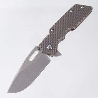 Attn2Detail Mercantile Mk.1 Large Gen4 Drop Point Rising Grind - Antique Bronze Ano Contoured Double Divot Titanium - Stonewash Satin Magnacut