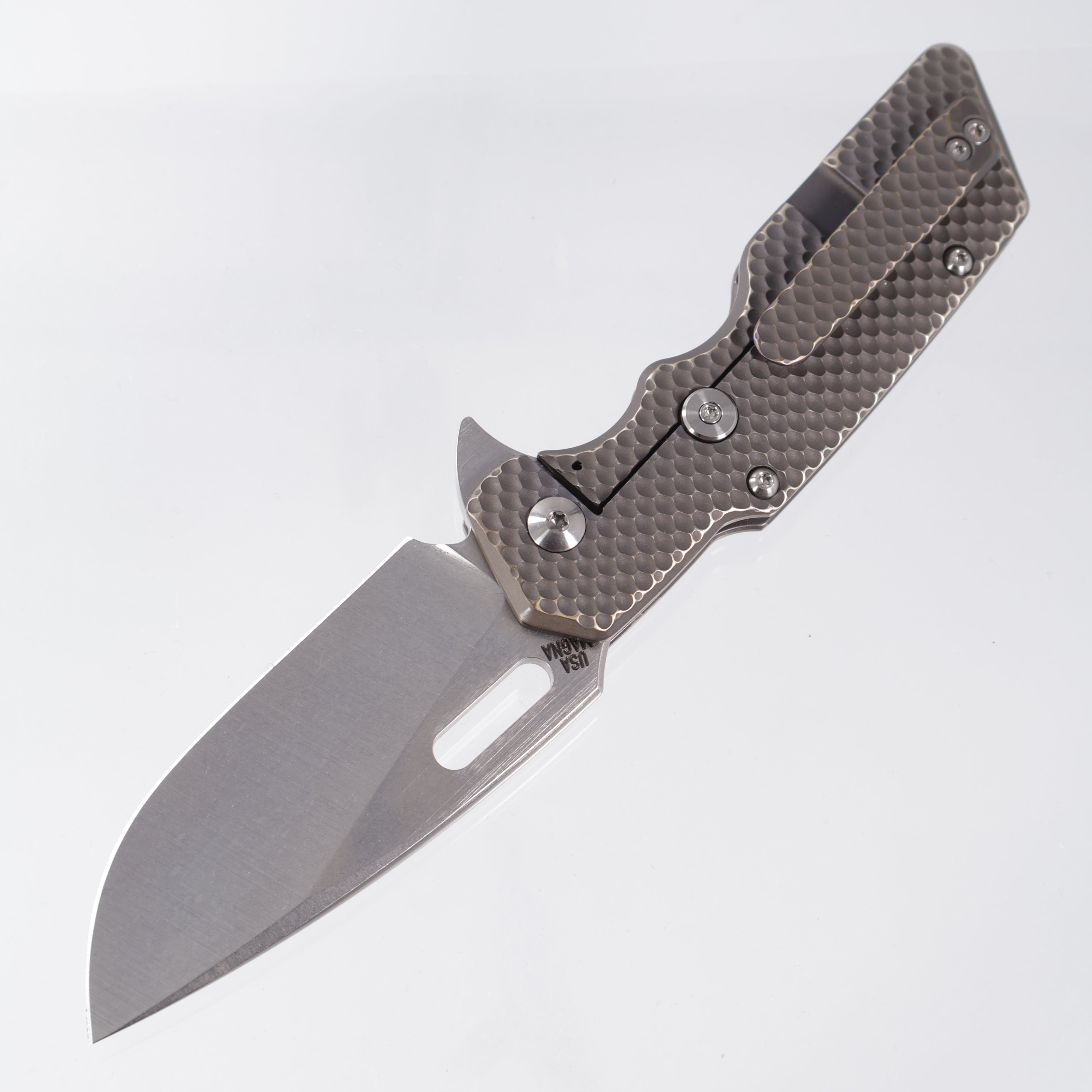 Attn2Detail Mercantile Mk.1 Large Gen4 Drop Point Rising Grind - Antique Bronze Ano Contoured Double Divot Titanium - Stonewash Satin Magnacut
