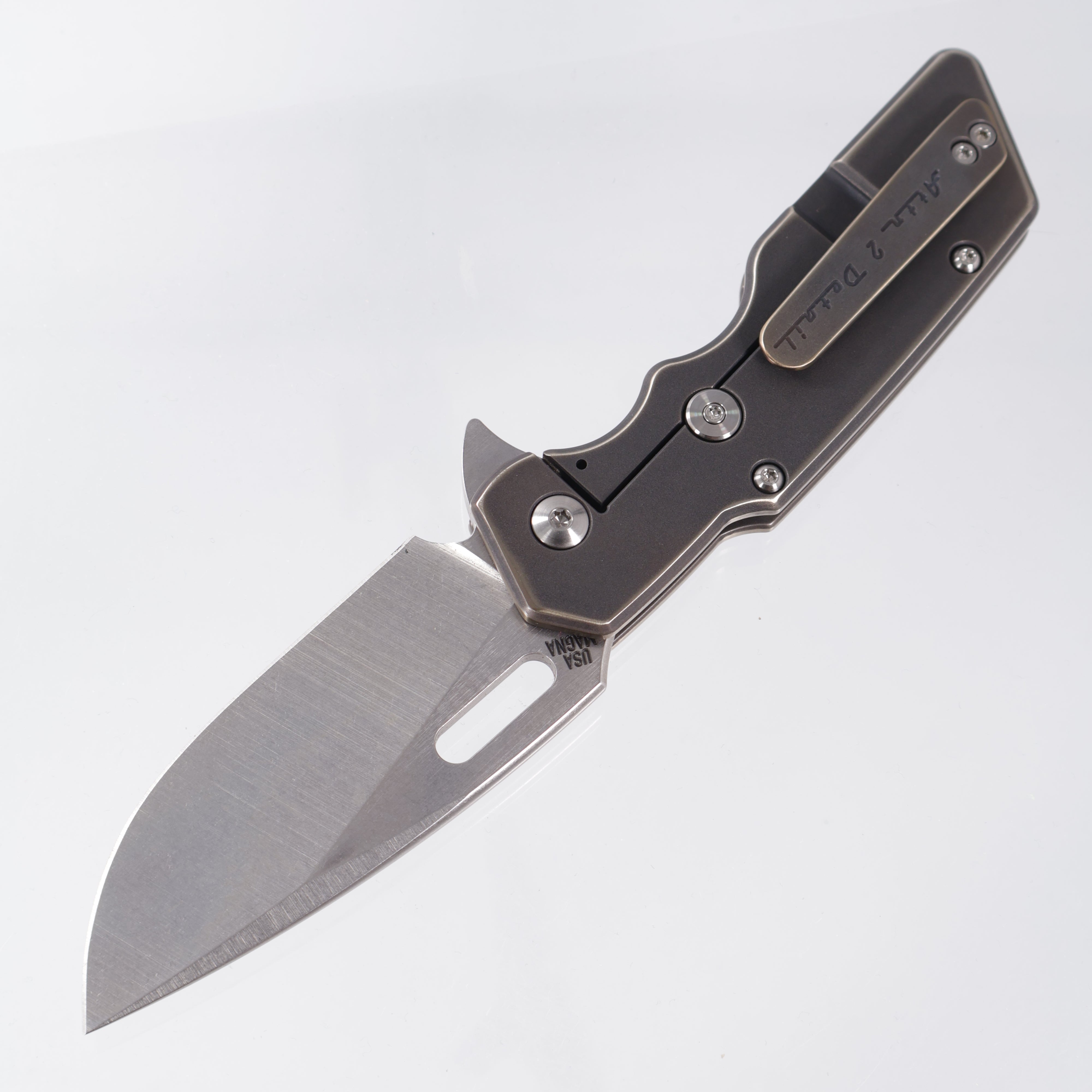 Attn2Detail Mercantile Mk.1 Large Gen4 Drop Point Rising Grind - Blackwash Titanium w/ Koa Wood Inlay - Stonewash Satin Magnacut